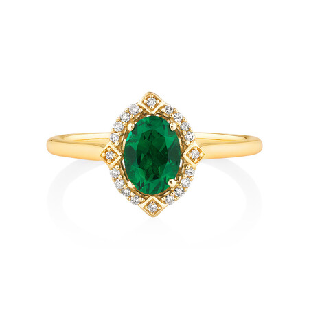 Halo Ring With Created Emerald & Diamonds in 10ct Yellow Gold Halo Ring With Created Emerald & Diamonds in 10ct Yellow Gold