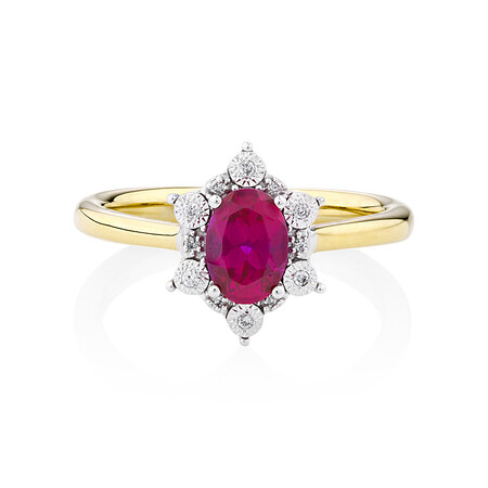 Created Ruby Halo Ring With 0.05 Carat of Diamonds in 10ct Yellow & White Gold Created Ruby Halo Ring With 0.05 Carat of Diamonds in 10ct Yellow & White Gold