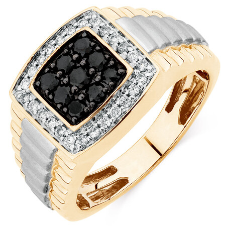 Men's Ring with 3/4 Carat TW of White & Enhanced Black Diamonds in 10ct Yellow & White Gold Men's Ring with 3/4 Carat TW of White & Enhanced Black Diamonds in 10ct Yellow & White Gold