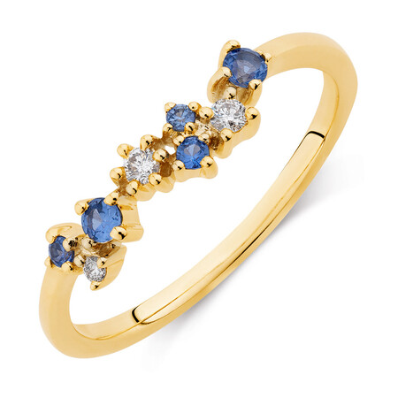 Ring with Created Blue Sapphire & Diamonds in 10ct Yellow Gold Ring with Created Blue Sapphire & Diamonds in 10ct Yellow Gold