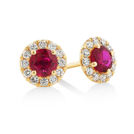 Halo Stud Earrings with Natural Ruby & 0.28 Carat TW of Diamonds in 10kt Yellow Gold Halo Stud Earrings with Natural Ruby & 0.28 Carat TW of Diamonds in 10kt Yellow Gold