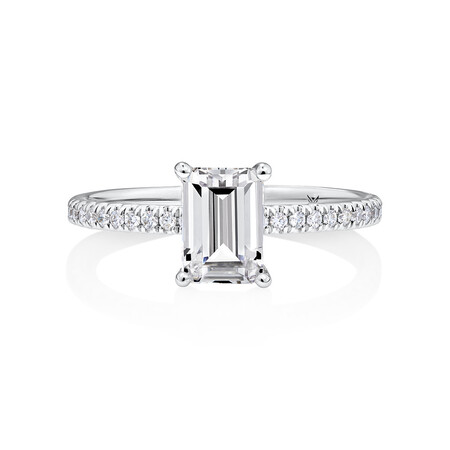 Engagement Ring with 1.14 Carat TW of Diamonds. A 1 Carat Emerald Cut Centre Laboratory-Created Diamond and shouldered by 0.14 Carat TW of Natural Diamonds in 14kt White Gold Engagement Ring with 1.14 Carat TW of Diamonds. A 1 Carat Emerald Cut Centre Laboratory-Created Diamond and shouldered by 0.14 Carat TW of Natural Diamonds in 14kt White Gold