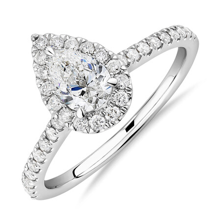 Halo Pear Engagement Ring with 0.92 Carat TW of Diamonds in 14kt White Gold Halo Pear Engagement Ring with 0.92 Carat TW of Diamonds in 14kt White Gold