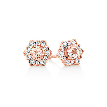 Halo Stud Earrings with Morganite & 0.25 Carat TW of Diamonds in 10ct Rose Gold. Halo Stud Earrings with Morganite & 0.25 Carat TW of Diamonds in 10ct Rose Gold.