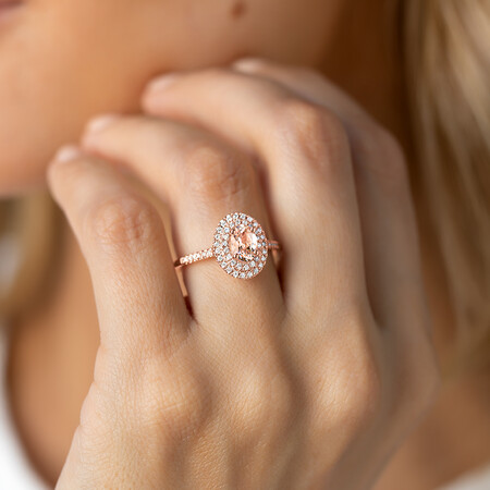 Morganite Double Halo Ring with 0.25 Carat TW of Diamonds in 10ct Rose Gold Morganite Double Halo Ring with 0.25 Carat TW of Diamonds in 10ct Rose Gold