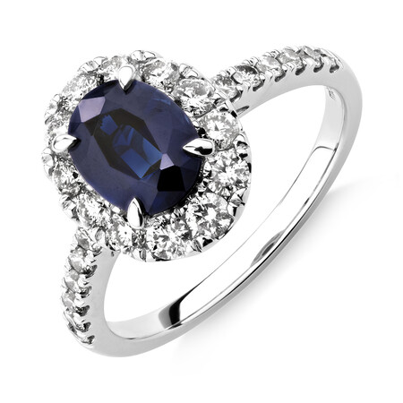 Halo Ring with Sapphire & 0.80 Carat TW of Diamonds in 14kt White Gold
