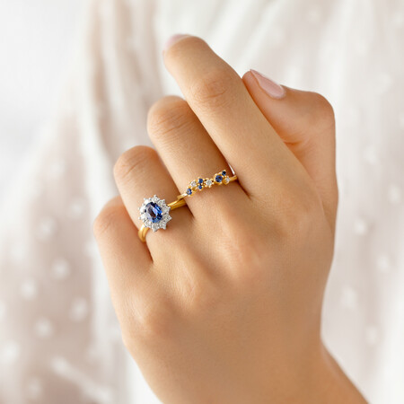 Ring with Created Blue Sapphire & Diamonds in 10ct Yellow Gold Ring with Created Blue Sapphire & Diamonds in 10ct Yellow Gold