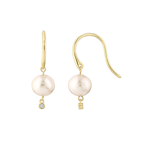 Drop Earrings with Cultured Freshwater Pearl & Diamonds in 10kt Yellow Gold Drop Earrings with Cultured Freshwater Pearl & Diamonds in 10kt Yellow Gold