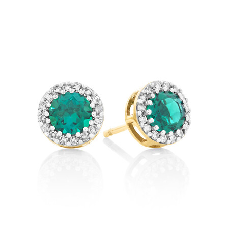 Halo Stud Earrings With Diamonds And Created Emerald In 10ct Yellow Gold Halo Stud Earrings With Diamonds And Created Emerald In 10ct Yellow Gold