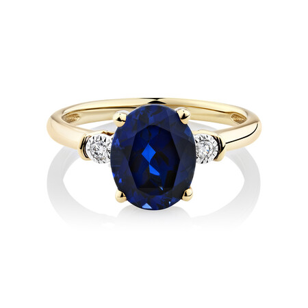 Ring With Created Sapphire & Diamonds In 10ct Yellow Gold Ring With Created Sapphire & Diamonds In 10ct Yellow Gold