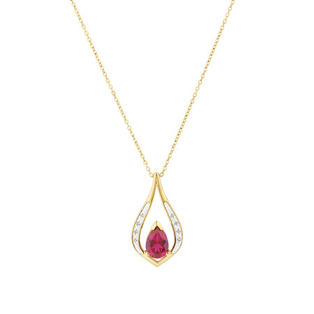 Pear Drop Pendant with Laboratory Created Ruby & Natural Diamonds in 10kt Yellow Gold Pear Drop Pendant with Laboratory Created Ruby & Natural Diamonds in 10kt Yellow Gold