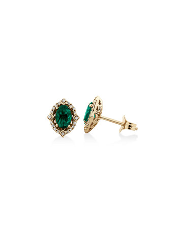 Halo Earrings with Laboratory Created Emerald & Natural Diamonds in 10kt Yellow Gold Halo Earrings with Laboratory Created Emerald & Natural Diamonds in 10kt Yellow Gold