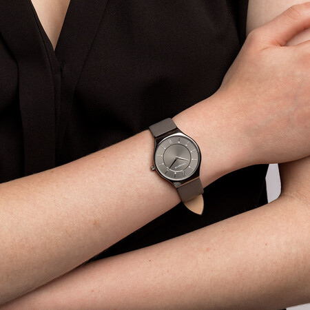 Ladies' Watch in Grey Tone Stainless Steel & Grey Leather Ladies' Watch in Grey Tone Stainless Steel & Grey Leather