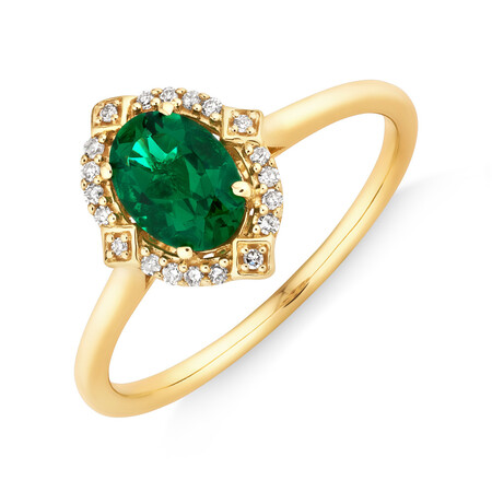 Halo Ring With Created Emerald & Diamonds in 10ct Yellow Gold Halo Ring With Created Emerald & Diamonds in 10ct Yellow Gold