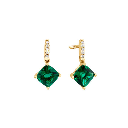 Drop Earrings With Created Emerald & Diamonds in 10ct Yellow Gold Drop Earrings With Created Emerald & Diamonds in 10ct Yellow Gold