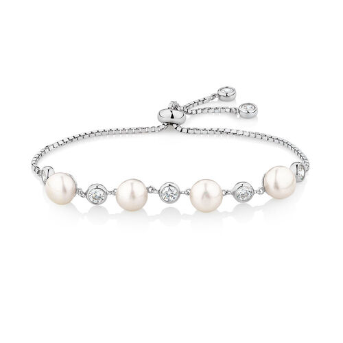 Adjustable Bracelet with Cultured Freshwater Pearls & Cubic Zirconia in Sterling Silver