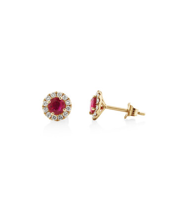Halo Stud Earrings with Natural Ruby & 0.28 Carat TW of Diamonds in 10kt Yellow Gold Halo Stud Earrings with Natural Ruby & 0.28 Carat TW of Diamonds in 10kt Yellow Gold