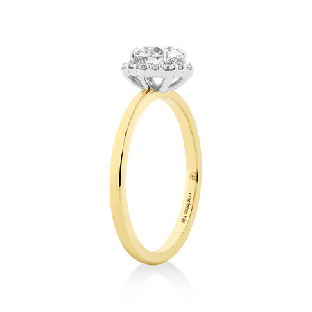 Southern Star Halo Engagement Ring with 0.84 Carat TW of Diamonds in 18kt Yellow & White Gold Southern Star Halo Engagement Ring with 0.84 Carat TW of Diamonds in 18kt Yellow & White Gold