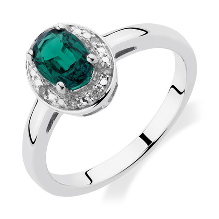 Halo Ring with Created Emerald & Diamonds in Sterling Silver Halo Ring with Created Emerald & Diamonds in Sterling Silver