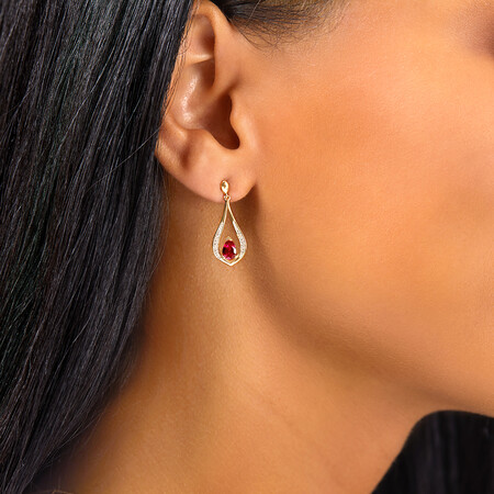 Drop Earrings with Laboratory Created Ruby & Natural Diamonds in 10kt Yellow Gold Drop Earrings with Laboratory Created Ruby & Natural Diamonds in 10kt Yellow Gold