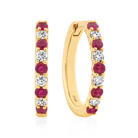 Huggie Earrings with Ruby & 0.20 Carat TW of Diamonds in 10kt Yellow Gold Huggie Earrings with Ruby & 0.20 Carat TW of Diamonds in 10kt Yellow Gold