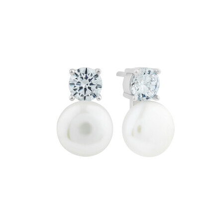 Cultured Freshwater Pearls & Cubic Zirconia Stud Earrings in Sterling Silver Cultured Freshwater Pearls & Cubic Zirconia Stud Earrings in Sterling Silver
