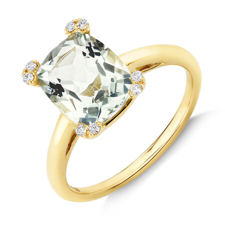 Ring With Green Amethyst & Diamonds In 10ct Yellow Gold Ring With Green Amethyst & Diamonds In 10ct Yellow Gold