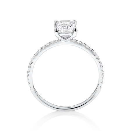 Engagement Ring with 1.14 Carat TW of Diamonds. A 1 Carat Emerald Cut Centre Laboratory-Created Diamond and shouldered by 0.14 Carat TW of Natural Diamonds in 14kt White Gold Engagement Ring with 1.14 Carat TW of Diamonds. A 1 Carat Emerald Cut Centre Laboratory-Created Diamond and shouldered by 0.14 Carat TW of Natural Diamonds in 14kt White Gold