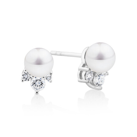 Stud Earrings with Cultured Freshwater Pearl & Cubic Zirconia In Sterling Silver Stud Earrings with Cultured Freshwater Pearl & Cubic Zirconia In Sterling Silver