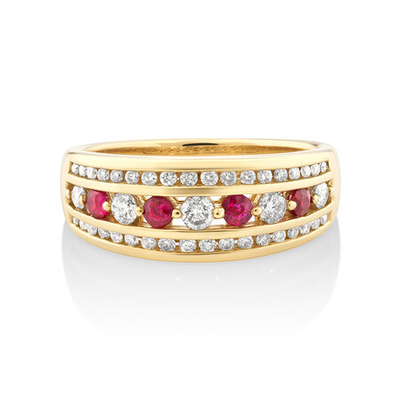 3 Row Ring with Ruby & 0.50 Carat TW of Diamonds Ruby in 14kt of Yellow Gold 3 Row Ring with Ruby & 0.50 Carat TW of Diamonds Ruby in 14kt of Yellow Gold