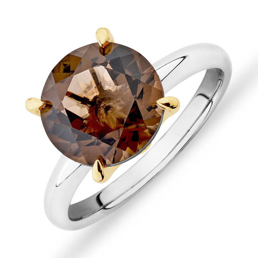 10mm Smokey Quartz Ring in Sterling Silver & 10ct Yellow Gold