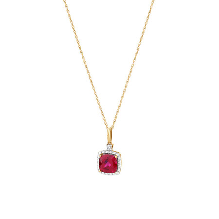 Pendant with Created Ruby & Diamonds In 10ct Yellow & White Gold Pendant with Created Ruby & Diamonds In 10ct Yellow & White Gold