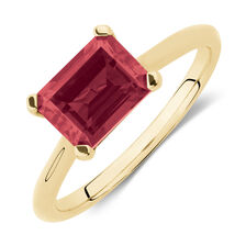 Emerald Cut Ring with Created Ruby in 10kt Yellow Gold