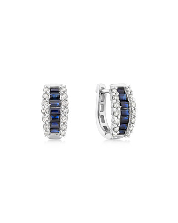 Huggie Earrings with Natural Blue Sapphire & 0.43 Carat TW of Diamonds In 10ct White Gold Huggie Earrings with Natural Blue Sapphire & 0.43 Carat TW of Diamonds In 10ct White Gold