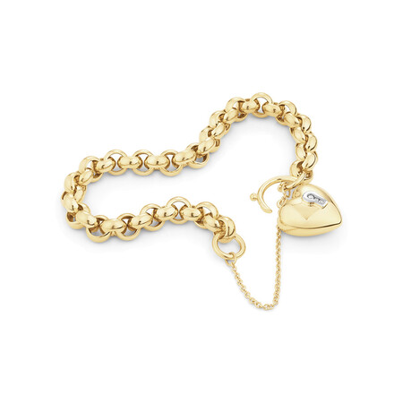 19cm (7.5") 7mm-7.5mm Width Diamond Set Heart Padlock Belcher Bracelet in 10kt Yellow Gold 19cm (7.5") 7mm-7.5mm Width Diamond Set Heart Padlock Belcher Bracelet in 10kt Yellow Gold
