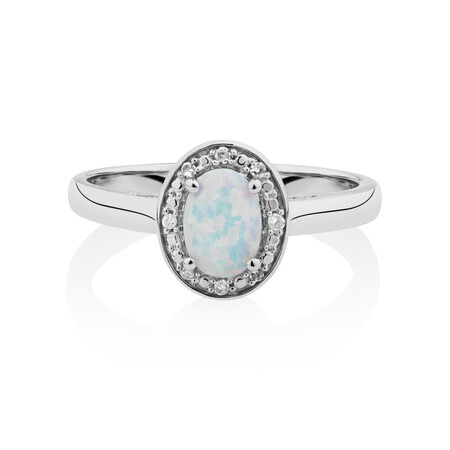 Halo Ring with Created Opal & Diamonds in Sterling Silver Halo Ring with Created Opal & Diamonds in Sterling Silver