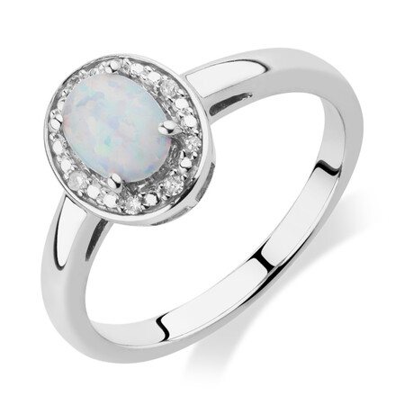 Halo Ring with Created Opal & Diamonds in Sterling Silver Halo Ring with Created Opal & Diamonds in Sterling Silver