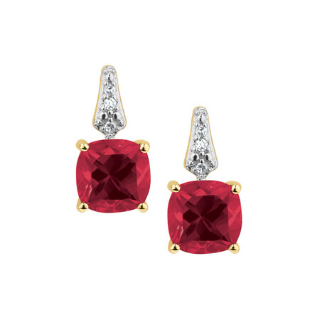 Drop Earrings with Created Ruby & Diamonds in 10ct Yellow Gold Drop Earrings with Created Ruby & Diamonds in 10ct Yellow Gold