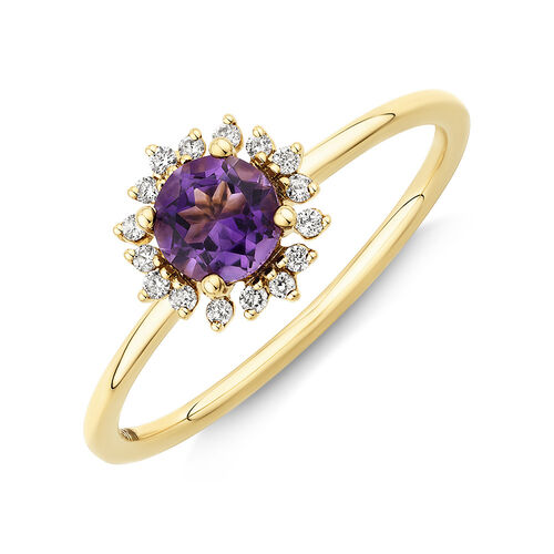 Amethyst & Diamond Scatter Halo Ring in 10kt Yellow Gold