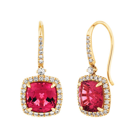 Halo Earrings with Pink Tourmaline & 0.44 Carat TW of Diamonds in 14kt Yellow Gold Halo Earrings with Pink Tourmaline & 0.44 Carat TW of Diamonds in 14kt Yellow Gold
