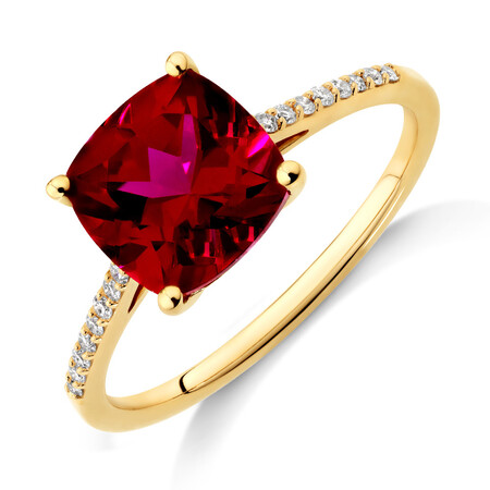 Ring with Cushion Cut Created Ruby & Diamonds in 10kt Yellow Gold Ring with Cushion Cut Created Ruby & Diamonds in 10kt Yellow Gold