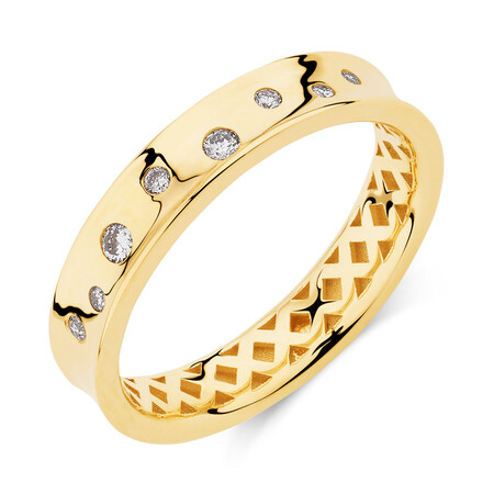 Hammer Set Barrel Ring with 0.10 Carat TW of Diamonds in 10ct Yellow Gold Hammer Set Barrel Ring with 0.10 Carat TW of Diamonds in 10ct Yellow Gold