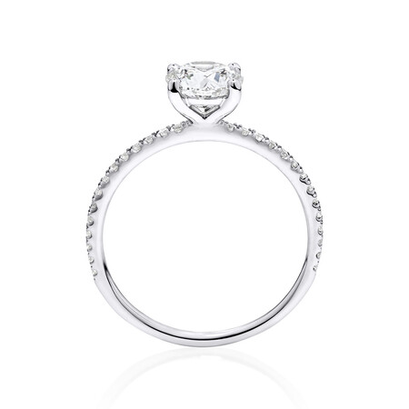 Engagement Ring with 1.14 Carat TW of Diamonds. A 1 Carat Round Brilliant Centre Laboratory-Created Diamond and shouldered by 0.14 Carat TW of Natural Diamonds in 14kt White Gold Engagement Ring with 1.14 Carat TW of Diamonds. A 1 Carat Round Brilliant Centre Laboratory-Created Diamond and shouldered by 0.14 Carat TW of Natural Diamonds in 14kt White Gold