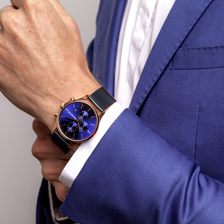 Men's Chronograph Watch in Blue & Rose Tone Stainless Steel Men's Chronograph Watch in Blue & Rose Tone Stainless Steel