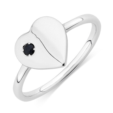 Heart Signet Ring with Natural Black Sapphire in Sterling Silver