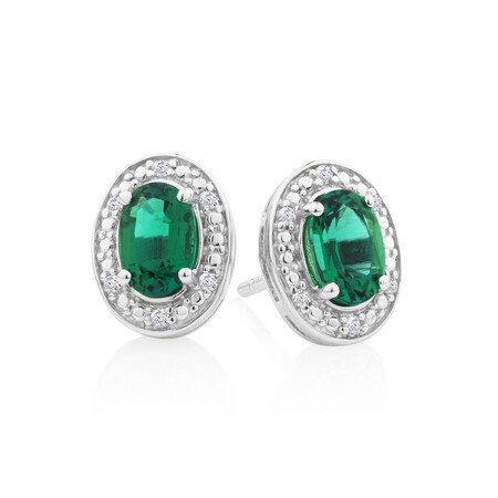 Halo Earrings with Created Emerald & Diamonds in Sterling Silver Halo Earrings with Created Emerald & Diamonds in Sterling Silver