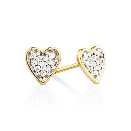 Heart Stud Earrings with Diamonds in 10ct Yellow Gold