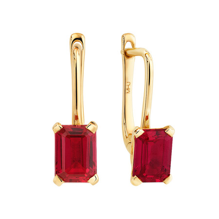 Emerald Cut Drop Earrings with Created Ruby in 10kt Yellow Gold