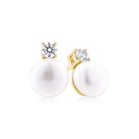 Drop Earrings with Cultured Freshwater Pearl & Cubic Zirconia in 10kt Yellow Gold