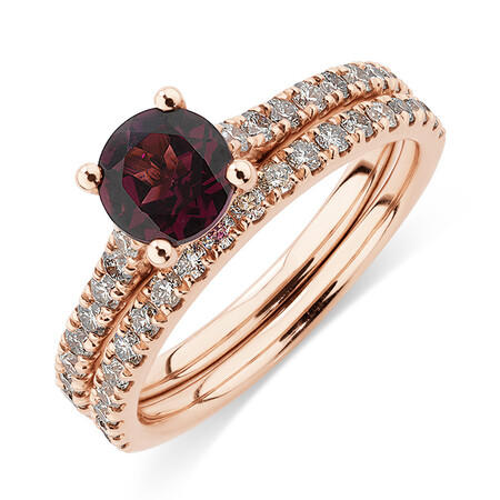 Bridal Set with 0.69 Carat TW of Diamonds & Rhodolite Garnet in 14ct Rose Gold Bridal Set with 0.69 Carat TW of Diamonds & Rhodolite Garnet in 14ct Rose Gold